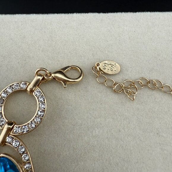 Gold-Tone Crystal Bracelet With Blue Glass Stones & Linked Oval Design By Isis C - Picture 5 of 7